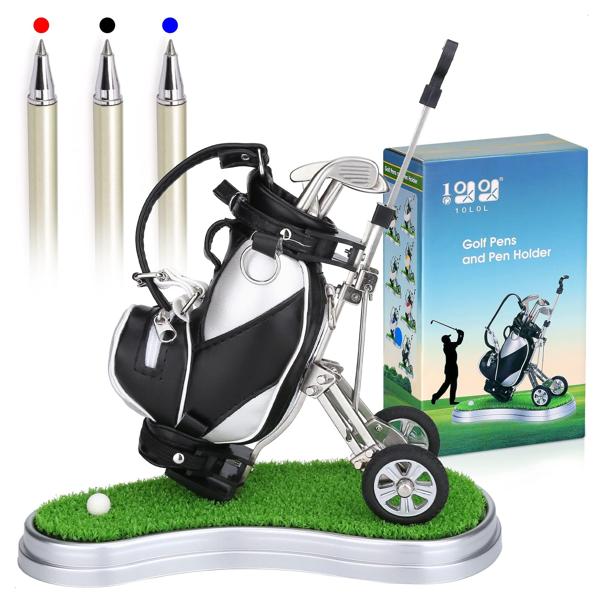 10L0L Golf Pen Holder with 3 Pieces Golf Club Pens Set Unique Golf Desk Decor Gifts Souvenirs for Men - Silver + Black