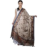 Exotic India Women's Art Silk Dupatta with Printed Warli Folk Art Motifs | Beautiful Designer Stole, Chunni For Girls