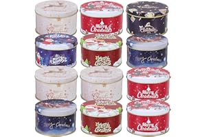 MAGICLULU 12Pcs Tinplate Empty Tins Jar Xmas Round Metal Nesting Containers Festive Cookie Tins for Holiday Cookies Candy