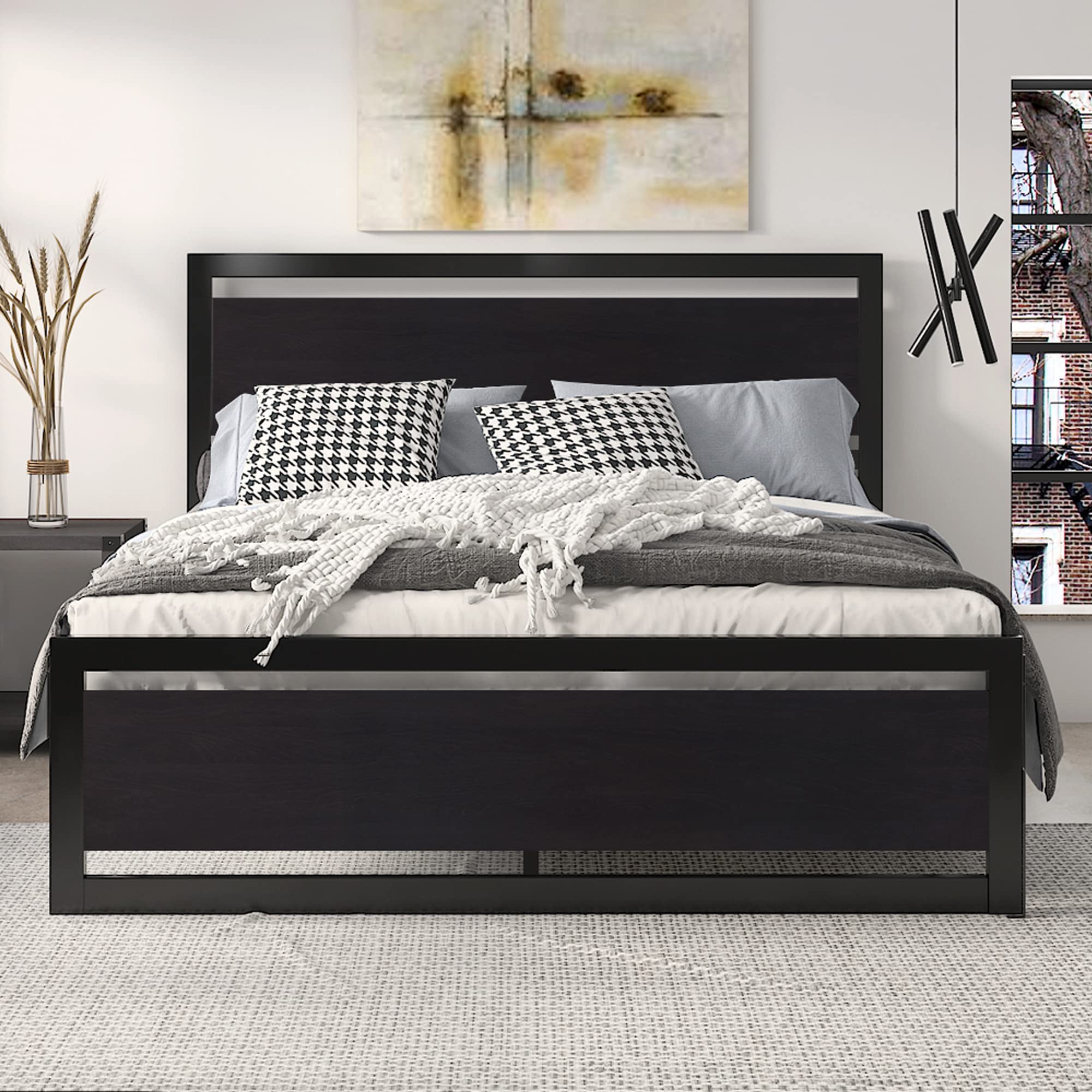 SHA CERLIN Full Size Bed Frame with Modern Headboard, Heavy Duty Platform Metal Base with Square Footboard and 13 Strong Slats Support, No Box Spring Needed, Black Image