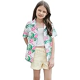 Betusline Girls' and Womens' Hawaiian Shirt, Floral Tropical Blouse Short Sleeve Button Down Beach Shirts