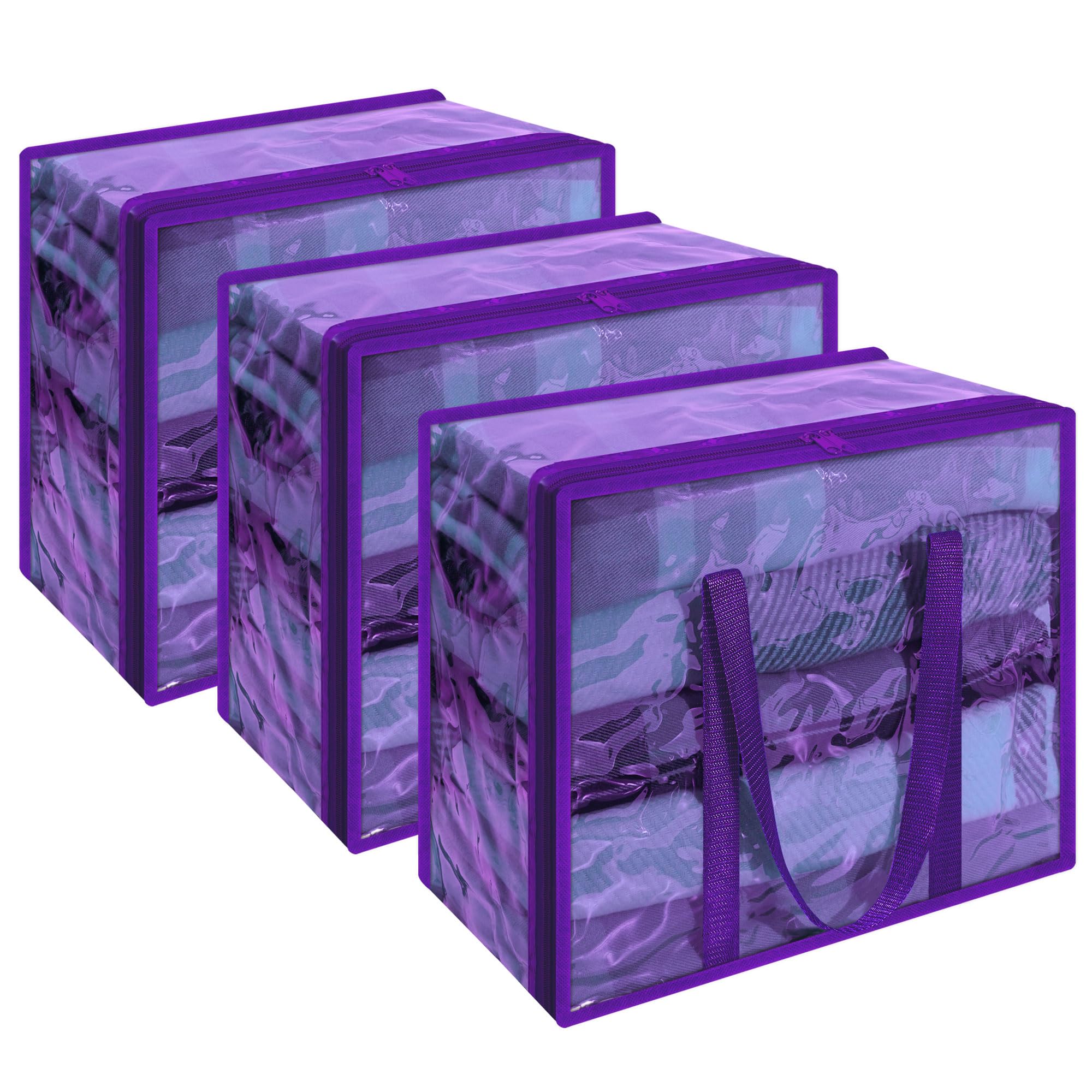 Vieshful 3 Pack Clear Storage Bags Clothes Storage Bags with Zips 40L Transparent Underbed Storage for Clothing, Blankets, Duvet, Pillow, Purple