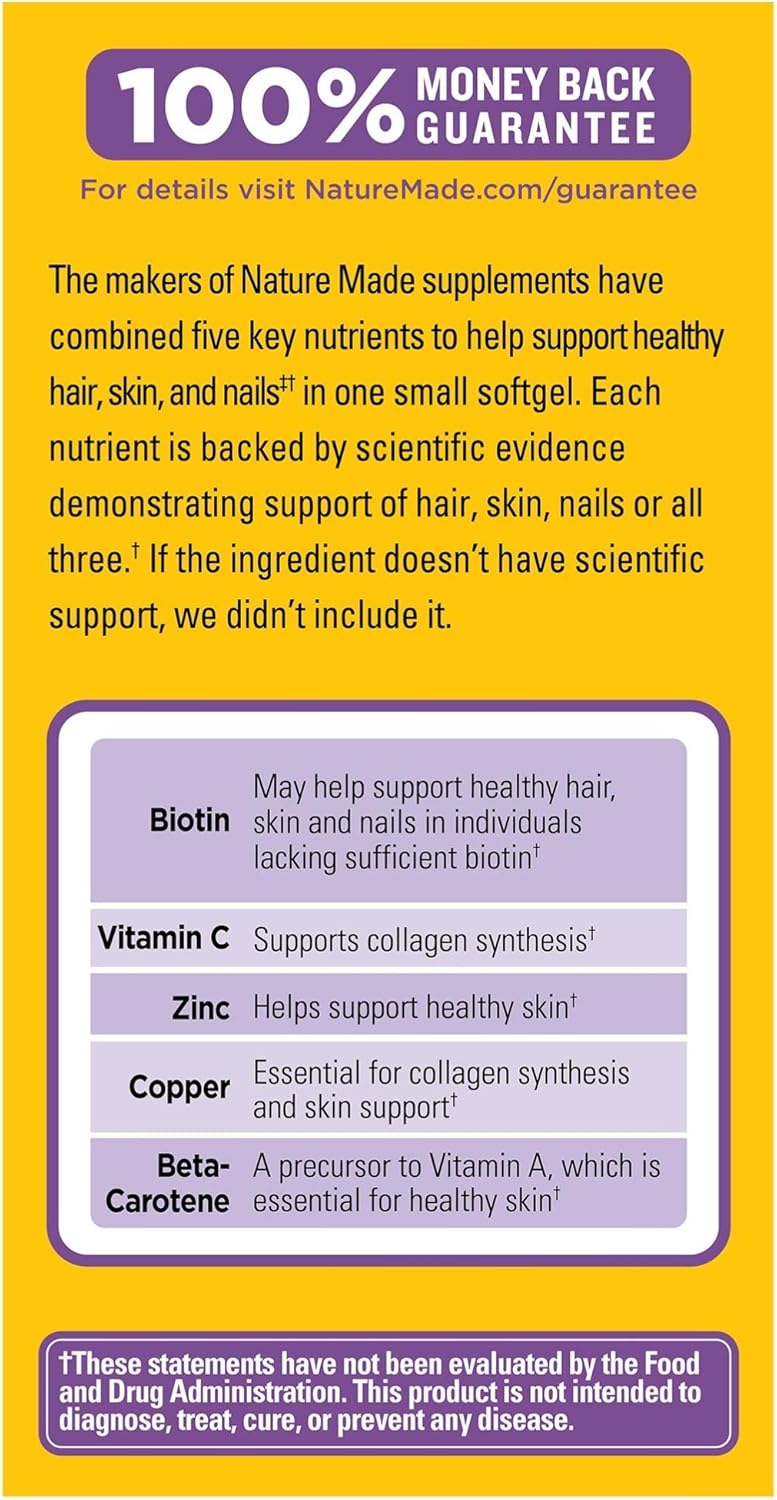 Nature Made Hair, Skin & Nails with 2500 mcg of Biotin Softgels, 120 Count Value Size (Packaging May Vary): Health & Personal Care