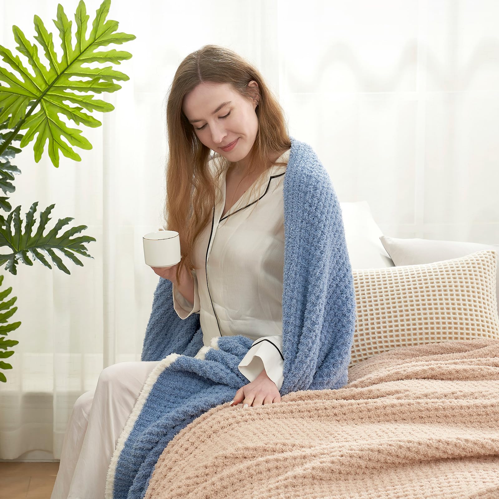Photo 1 of Snuggle Sac Blue Waffle Throw Blanket for Couch Bed Sofa 60x80 inches, Reversible Blue Blanket Microfiber Fluffy Fuzzy Cozy Knit Twin Blanket for Women Mothers Birthday Gifts