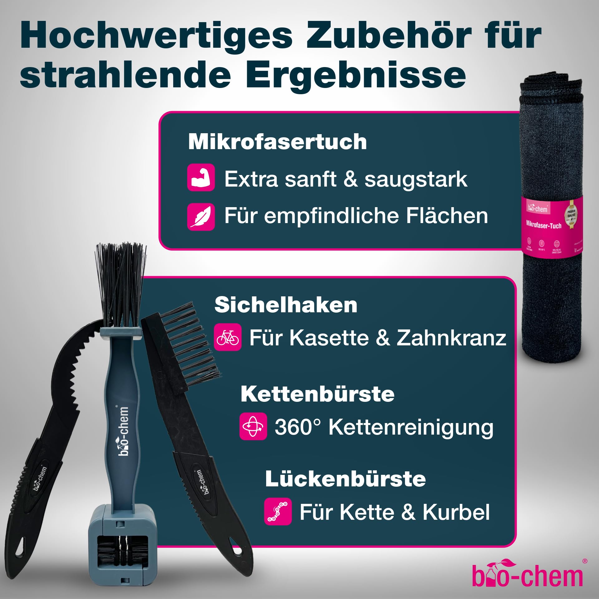 bio-chem Fahrrad Reinigungsset PROFI 7-teilig – Fahrradreiniger, Kettenreiniger Fahrradkette & Kettenöl Fahrrad – Premium Fahrrad Pflegeset & Fahrradreiniger Set für E-Bike, Rennrad & MTB 5