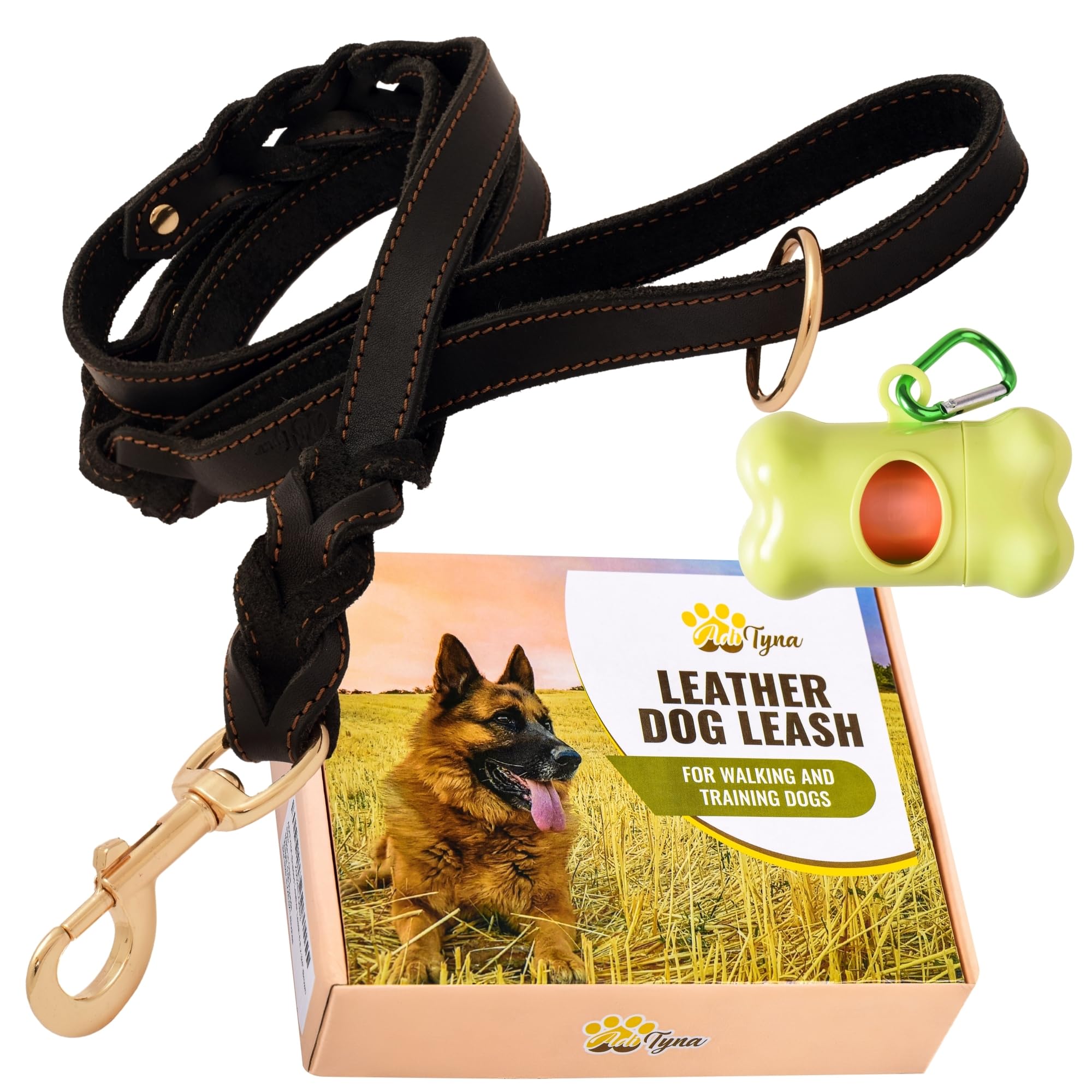 ADITYNA - Double Handle Leather Dog Leash 6ft - Heavy Duty Braided Dog Leash with Traffic Handle - Lead for Training and Walking Medium Large Breeds (Black, Two Handles 6 Foot x 5/8")
