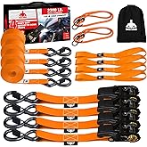 Jack Boss 2200 LB Break Strength Ratchet Straps Heavy Duty 4 Pack -15 FT, 733 Lbs Per Ratchet, with Safety Lock S Hooks for Moving Appliances Motorcycle ATV Truck, Soft Loop Tie Down Straps, Orange