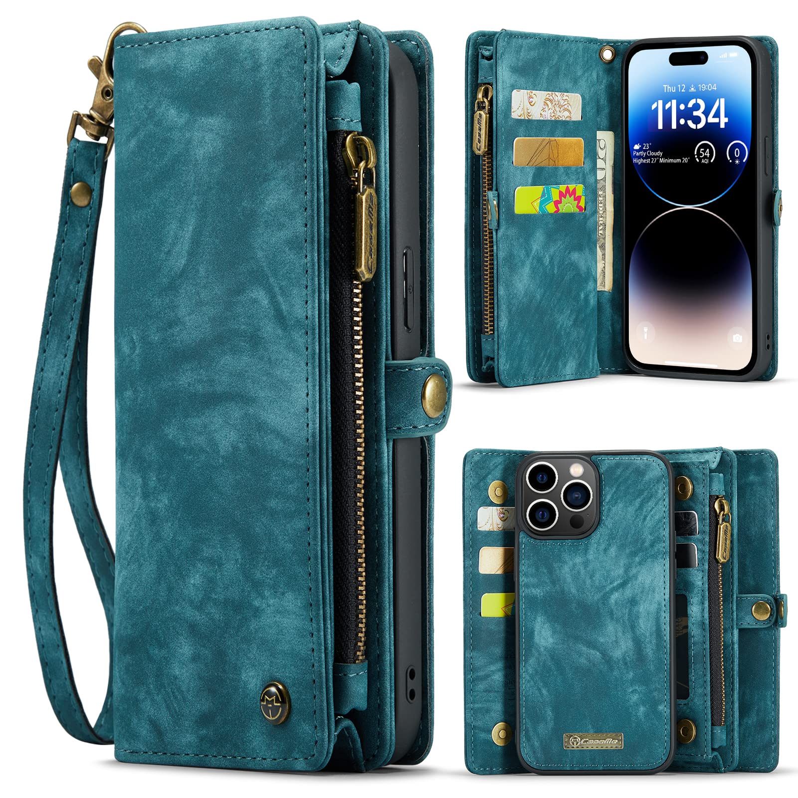 ANROD Leather Flip Wallet Case for iPhone 14 Pro Max,Detachable Back Magnetic Closure 2-in-1 Shockproof Zipper Purse Cover for iPhone 14 Pro Max,with Card Slots (Blue)