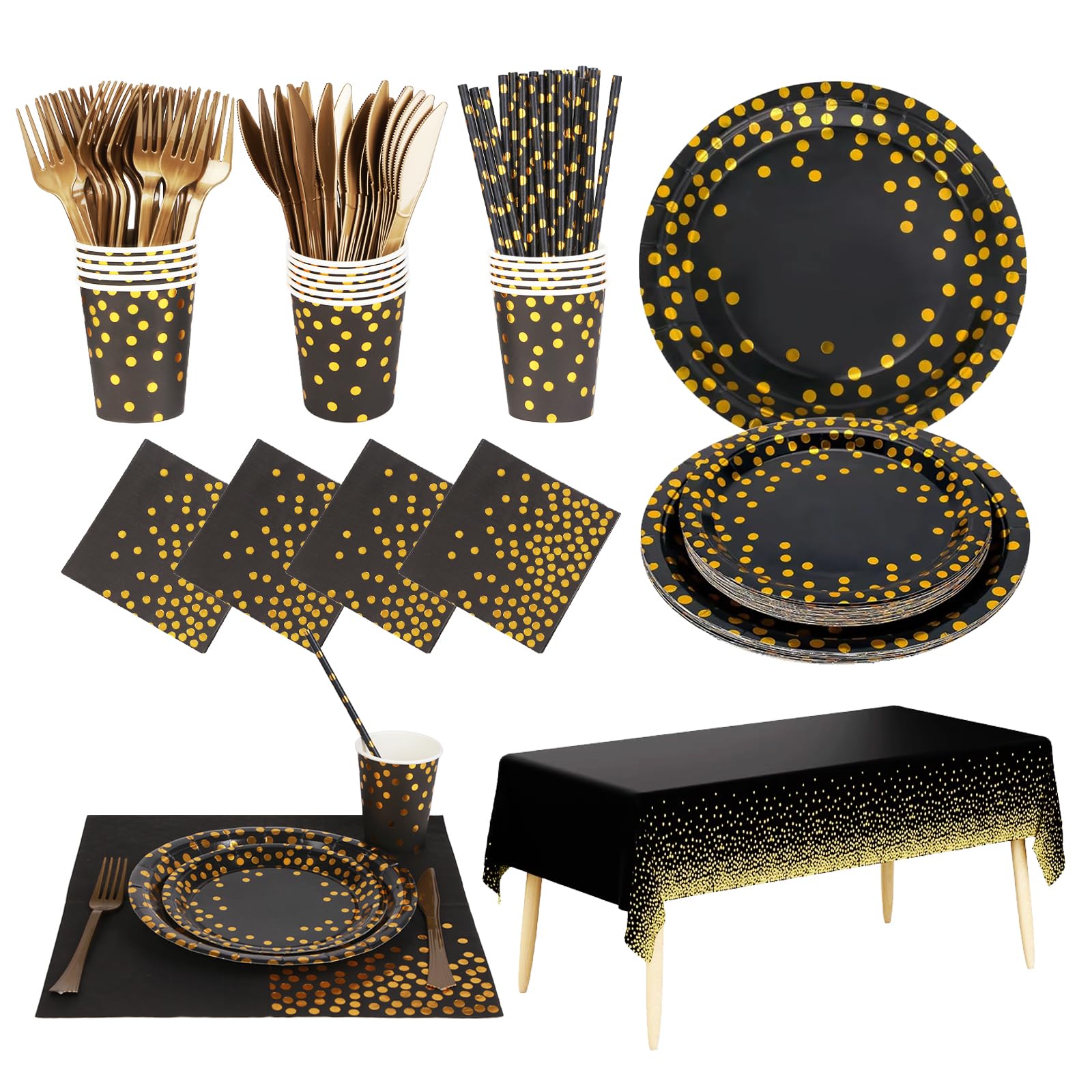 Photo 1 of **MISSING SEVERAL PARTS**
Baelizin 129 PCS Black Gold Dinnerware Set for 16 People-Disposable Party Supplies:Paper Plates7"/9", Cups, Napkins, Plastic Forks, Knives,Tablecloth for Birthday, Graduation, Christmas, New Year