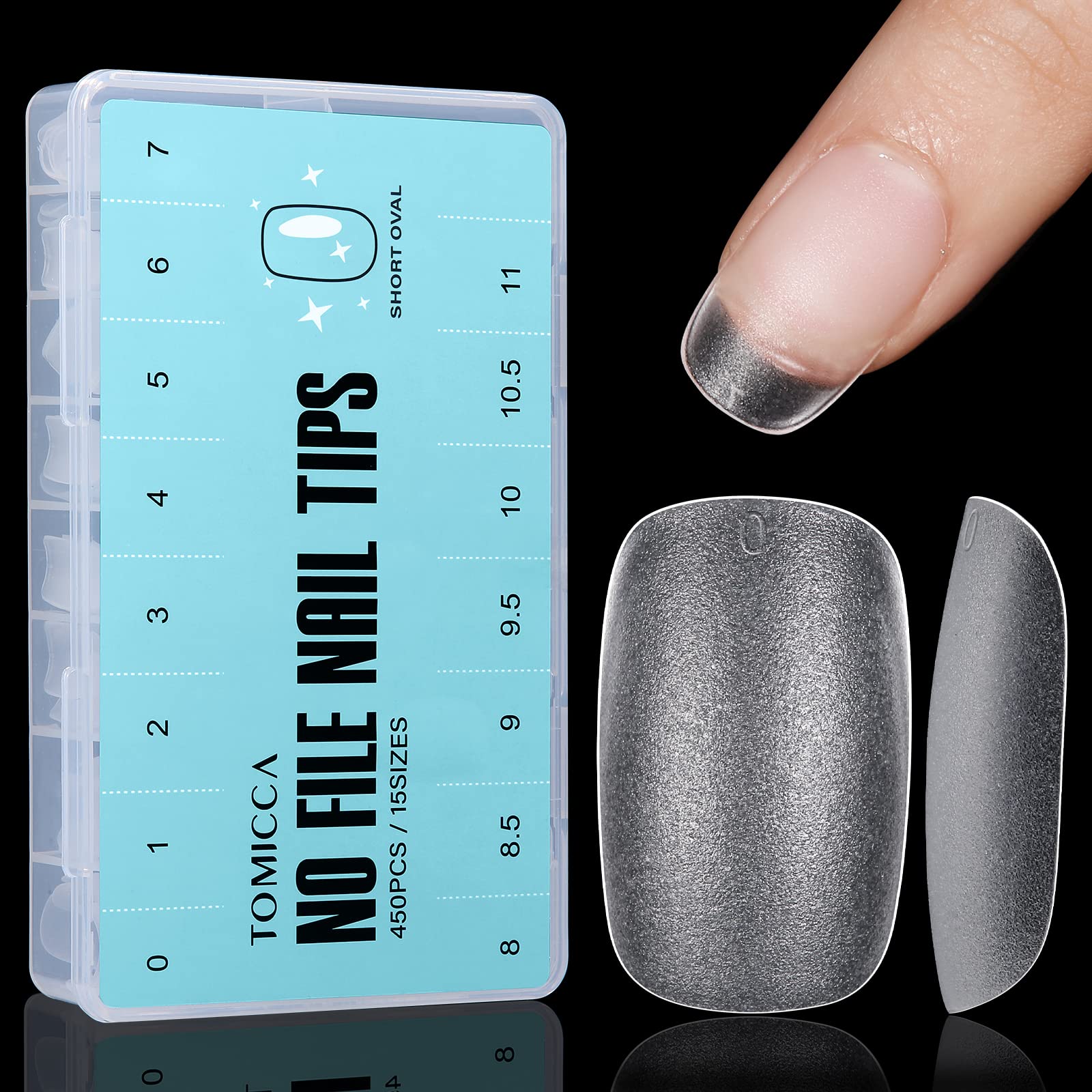 TOMICCA 450Pcs Short Oval Nail Tips - No-File Matte Soft Gel Full Cover | Soak Off Extensions, 15 Sizes Salon & Home Kit with Storage Box — image 1
