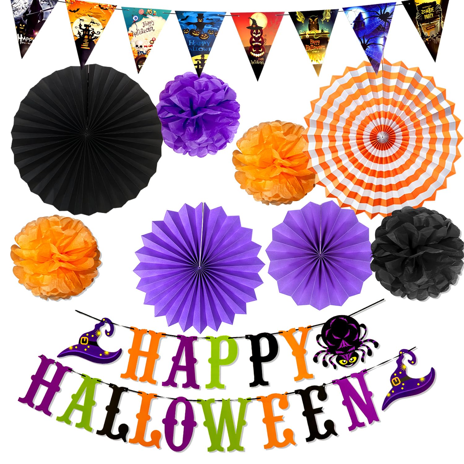 Mauts Halloween decorations party set indoor decorations includes halloween flags, paper fan flowers, paper fan balls(Halloween 1)