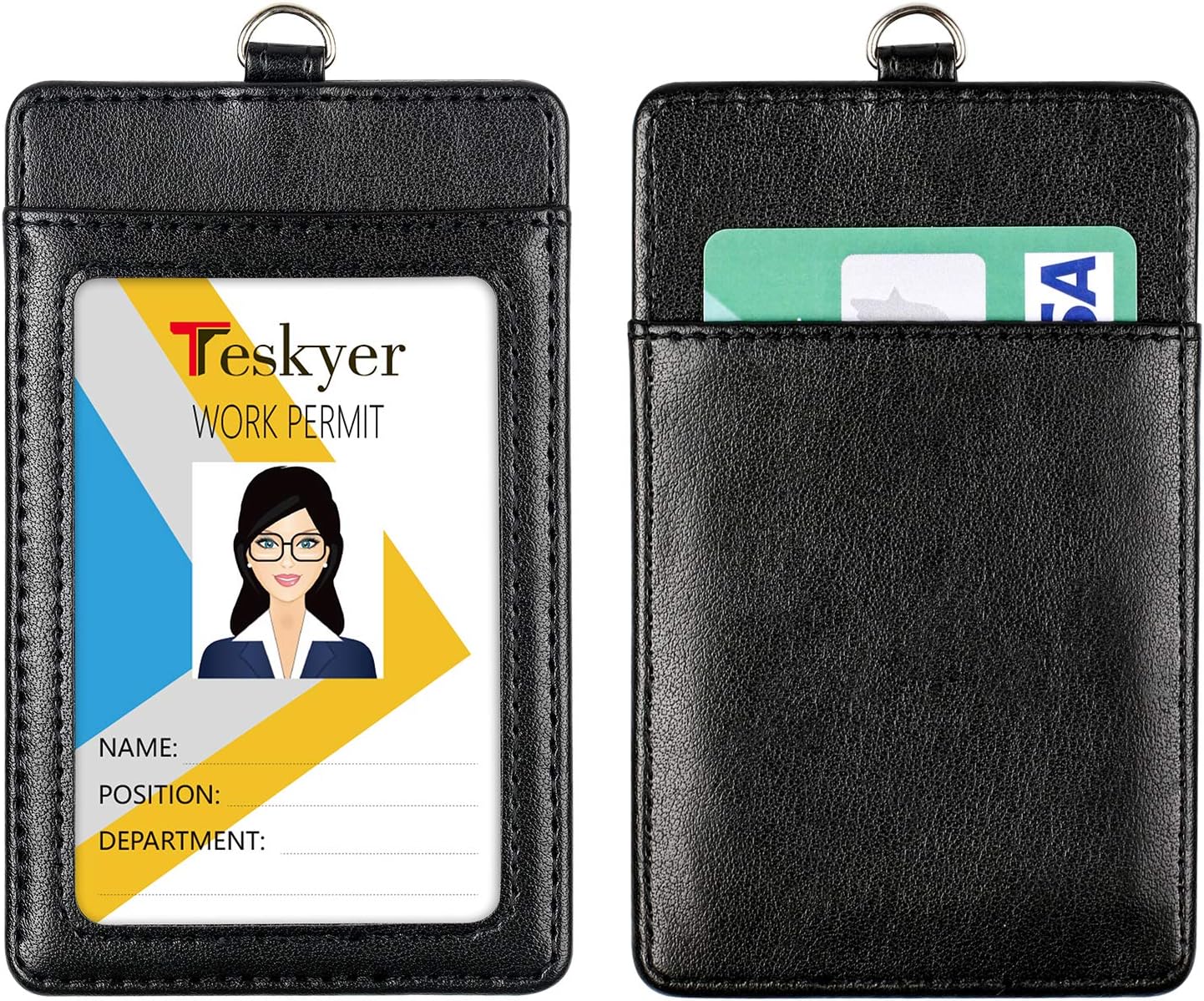 Teskyer 2 Value Pack Leather Badge Holders and Heavy Duty Retractable Badge Reels Set, Vertical Premium ID Card Holders with 2 Card Slots, 24 inch Kevlar Cord with Carabiner Reel Clip : Office Products