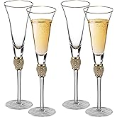 4 Piece Elegant Crystal Set Wedding Champagne Glasses with Diamond Rhinestone Accents and a Polished Gold Rim - 11 in Tall with Slender Long Stems, 7 oz - Chic Toasting Set for the Bride and Groom