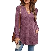 BZB Womens Fall Sweaters Long Sleeve V Neck Tunics Tops Side Split Casual 2026 Sweatshirt with Pocket