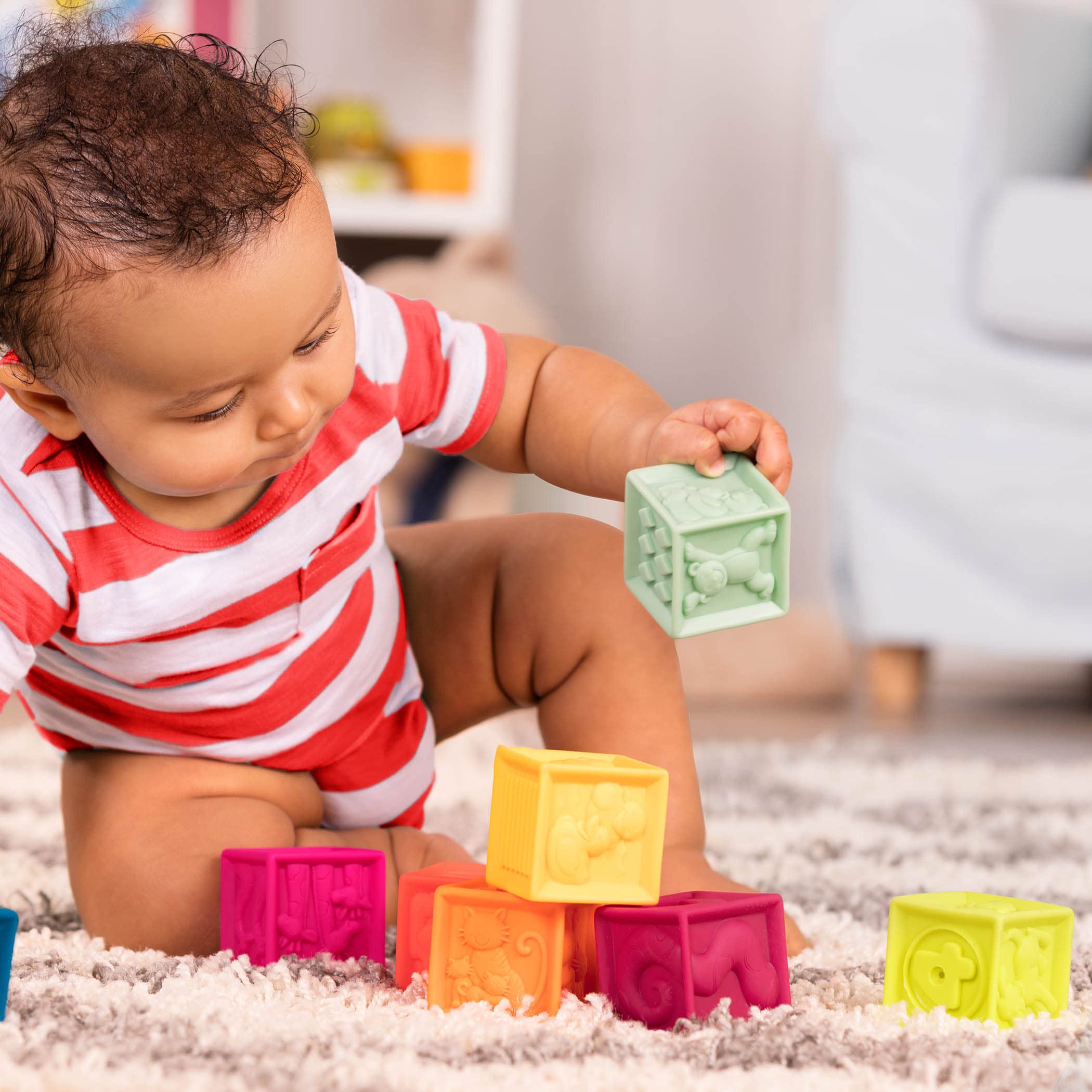 B. toys – Baby Blocks – Stacking & Building Toys For Babies – 10 Soft & Educational Blocks – Numbers, Shapes, Colors, Animals – One Two Squeeze – 6+ Months