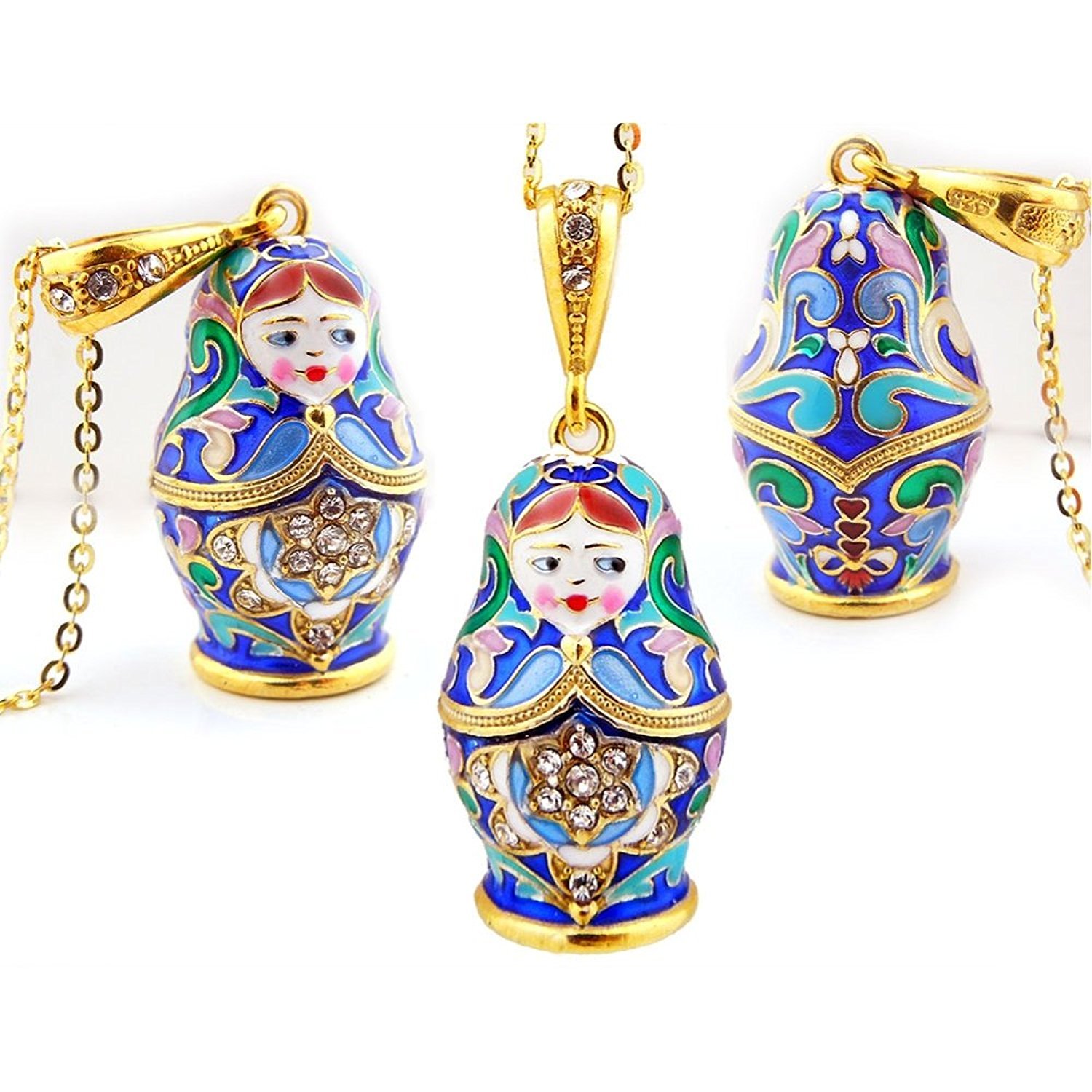 Silver 925 Gold Tone Matreshka Matryoshka Enamel Russian Pendant