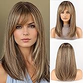 RSY Ash Brown Straight Human Hair Wigs for Women, Shoulder Length and Layered Real Hair Wig with Bangs for Daily Party Use