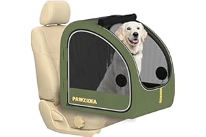 PAWZIDEA Portable Dog Crate for Car Travel, Collapsible Pet Travel Crates for Medium & Large Dogs Up to 80lbs, Enclosed Soft-Sided Car Kennel Carrier for Backseat, Secures w/Seatbelt & Headrest Strap