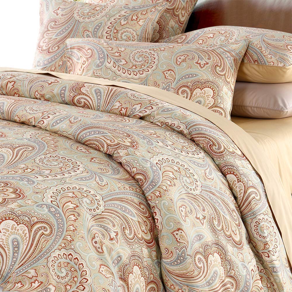 USTIDE Gold Paisley Floral Duvet Cover Set 3 Piece - 100% Egyptian Cotton, Double Size Luxurious Bedding Set, Wrinkle Resistant & Breathable, 400 Thread Count