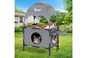 Rywell Elevated Outdoor Cat House with Terrace, 2-Tier Catio Outdoor Cat Enclosure with Canopy, 38 * 24 * 18in Catio with Two