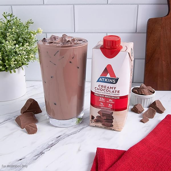 ATKINS CREAMY CHOCOLATE MEAL SIZE PROTEIN SHAKE, 23G PROTEIN, LOW GLYCEMIC, 4G NET CARB, 1G SUGAR, KETO FRIENDLY, 12 COUNT