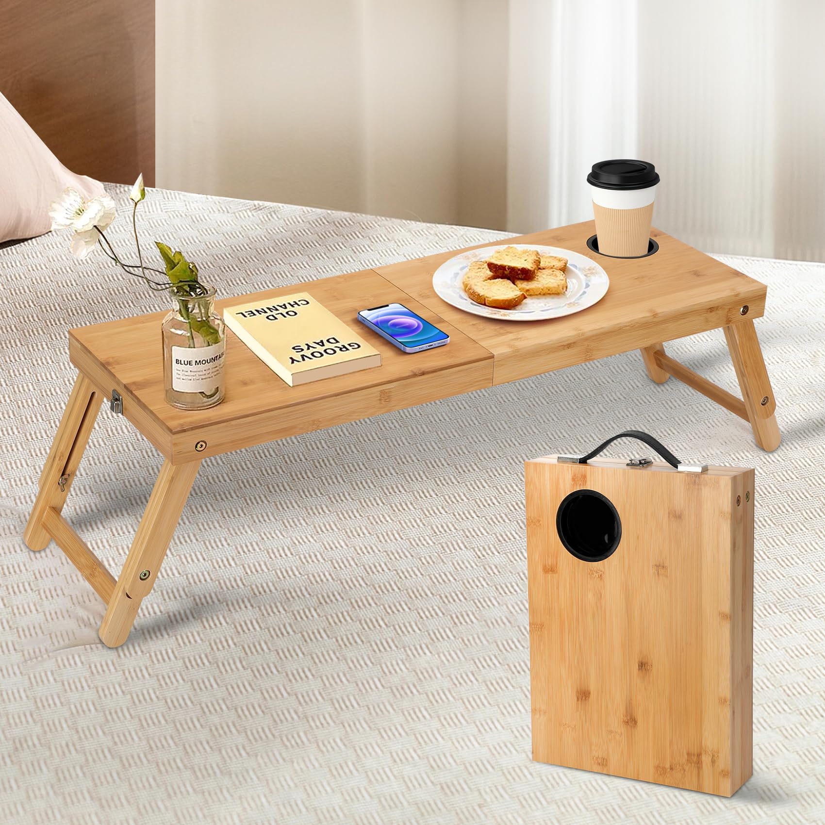 Photo 1 of Laptop Tray Desk Bamboo Floor Desk Low Table Bed Tray Table,Foldable Adjustable Study Writing Gaming Breakfast Serving Floor Table (Yellow, Large)