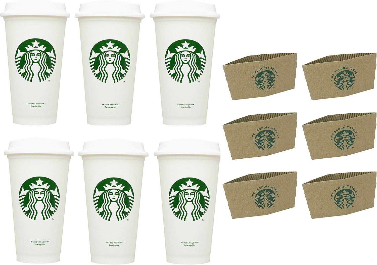 Starbucks Travel Coffee Cup Reusable Recyclable Spill-proof BPA Free Grande 16 Oz Pack of 6 with Sleeves Bundle