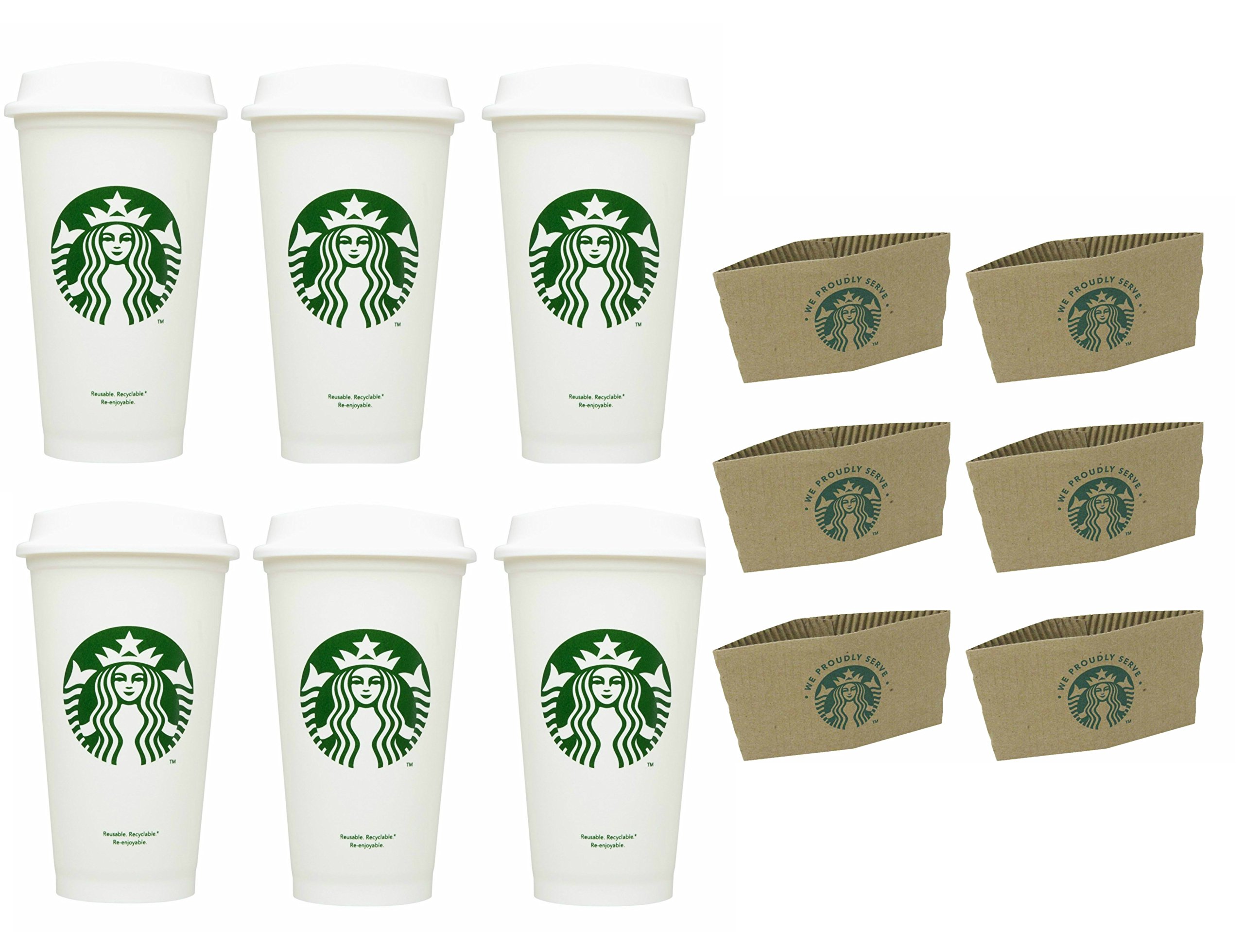 Starbucks Travel Coffee Cup Reusable Recyclable Spill-proof BPA Free Grande 16 Oz Pack of 6 with Sleeves Bundle