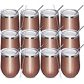 MEWAY 12oz/12 Pack Wine Tumbler Glasses with Lid - Stemless Double Wall Vacuum Stainless Steel Glitter Tumbler - Keeping Cold & Hot Cup for Coffee,Gift for Women(Rainbow Rose Gold,Set of 12)