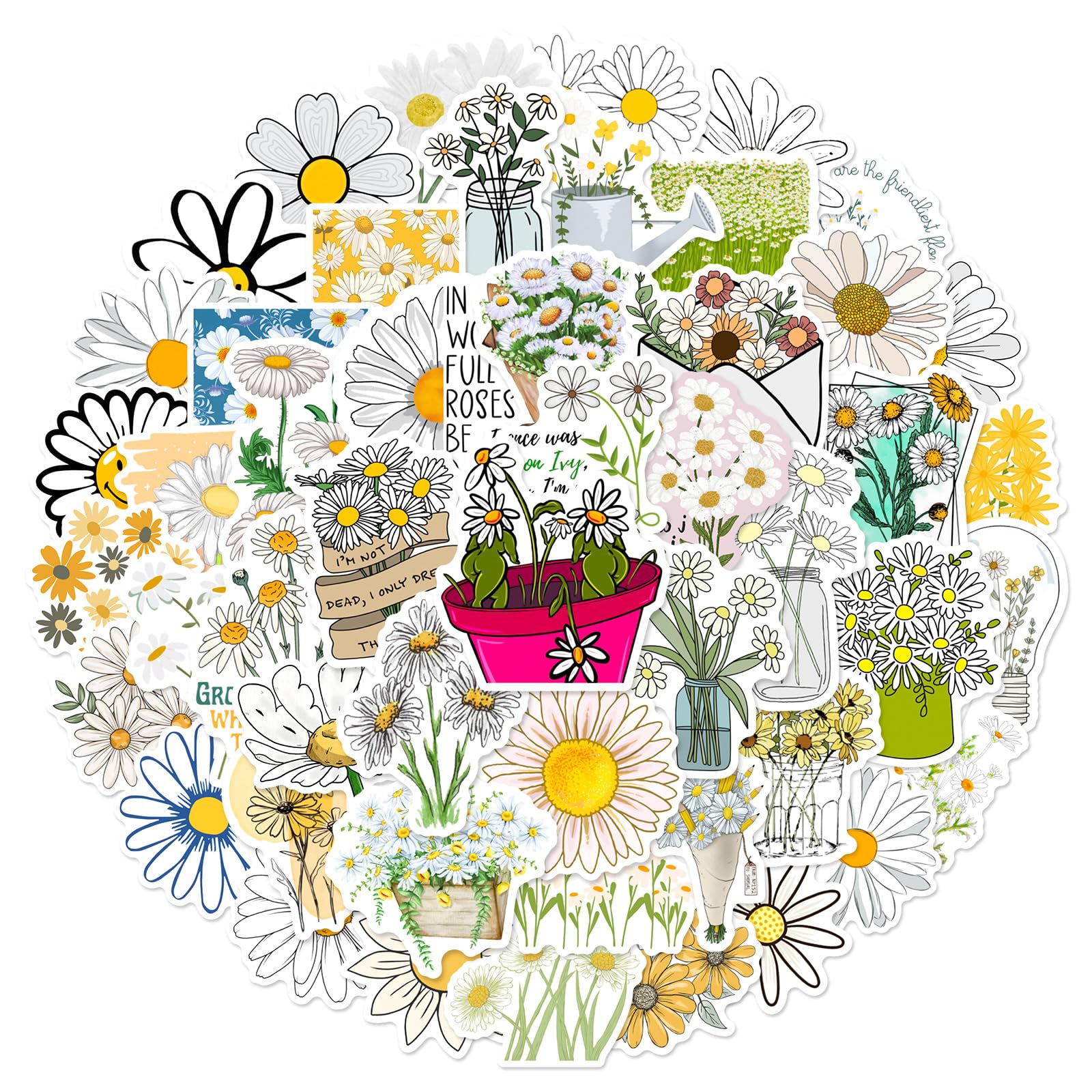 50 PCS Daisy Stickers for Laptop,Luggage,Bumper,Skateboard, Guitar,Water Bottle,Helmet,Scrapbook,Bike,Cute Flower Waterproof Stickers,Inspirational Aesthetic Vinyl Decals,Gift for Teens Girls