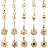 PH PandaHall 18K Gold Plated Evil Eye Charm, 20pcs 2 Styles Heart/Sun Cubic Zirconia Evil Eye Pendants Halloween Charms with Jump Ring for DIY Dangle Bracelet Earring Jewelry DIY Craft, Golden