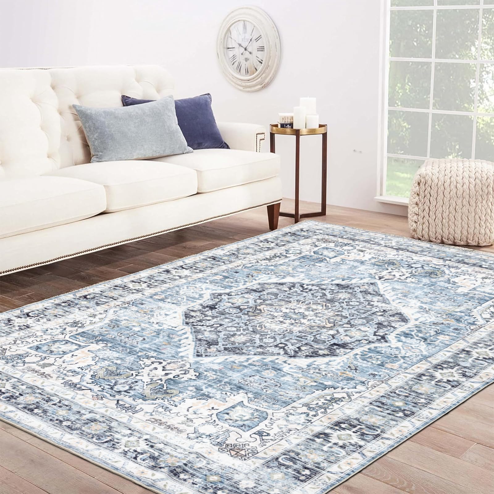Photo 1 of ***IMAGE REFERENCE***Domitapis Area Rug 9×12, Large Vintage Boho Rug,Ultra-Soft Low Pile, Washable, Non Slip,Stain Resistant, Printed Carpet for Living Room Bedrooms Playroom Office Kitchen, Light Blue