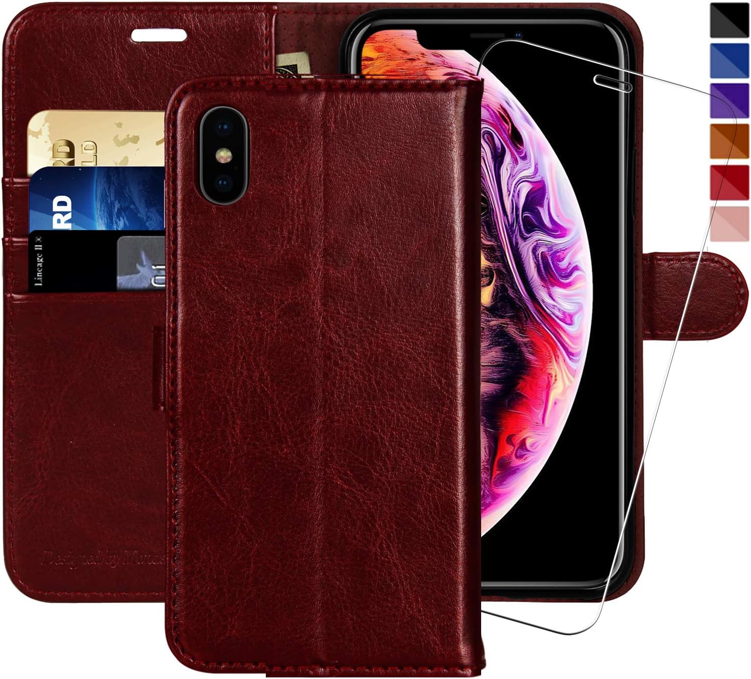 iPhone X Wallet Case/iPhone Xs Wallet Case,5.8-inch,MONASAY [Glass Screen Protector Included] Flip Folio Leather Cell Phone Cover with Credit Card Holder for Apple iPhone X/XS