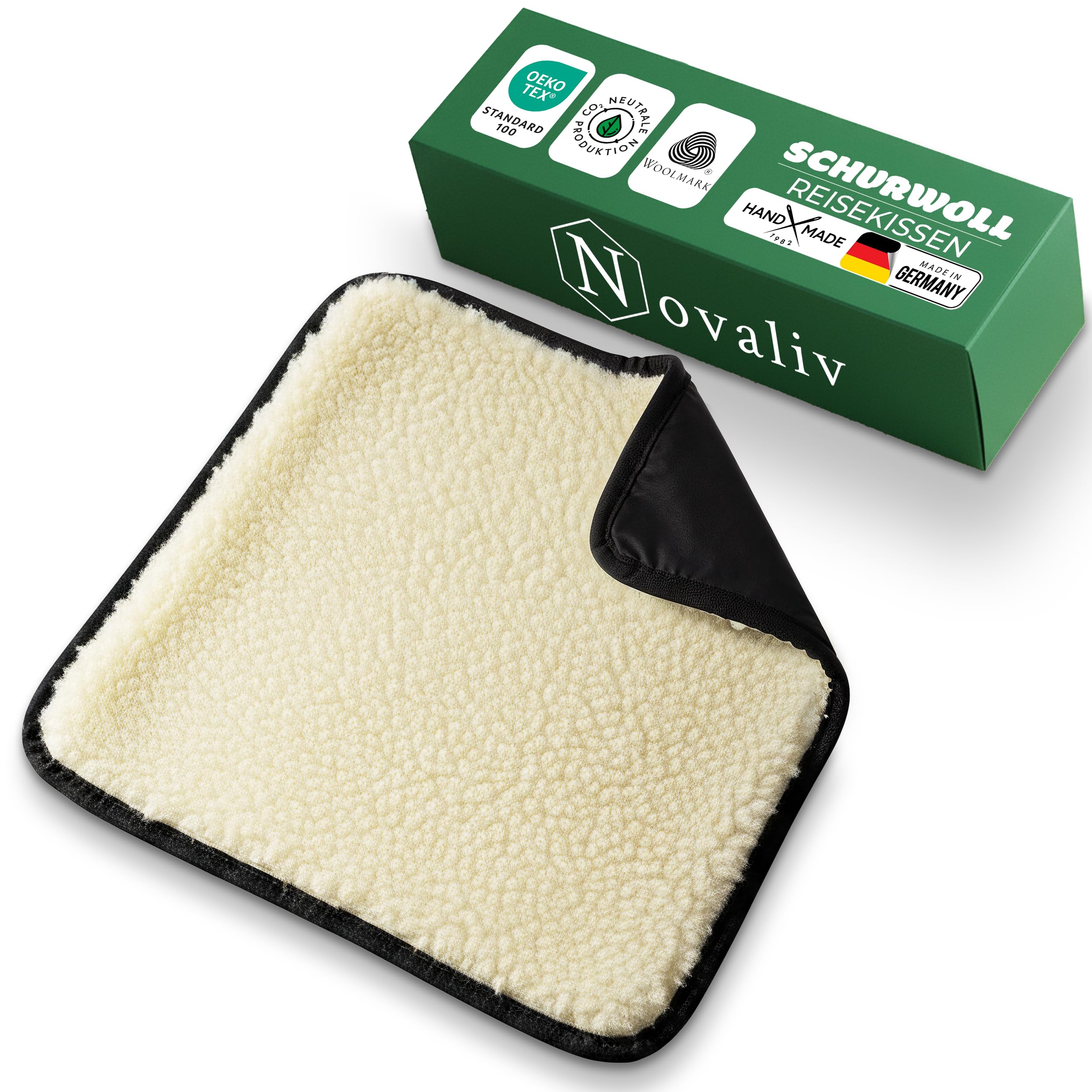 Novaliv Travel Pillow 37 x 37 cm Natural, Foldable/Rollable, Virgin Wool Top, Water-Repellent Polyamide Underside, Warm & Breathable, Lightweight & Compact, Hand Luggage, Seat Cushion Travel, Stadium