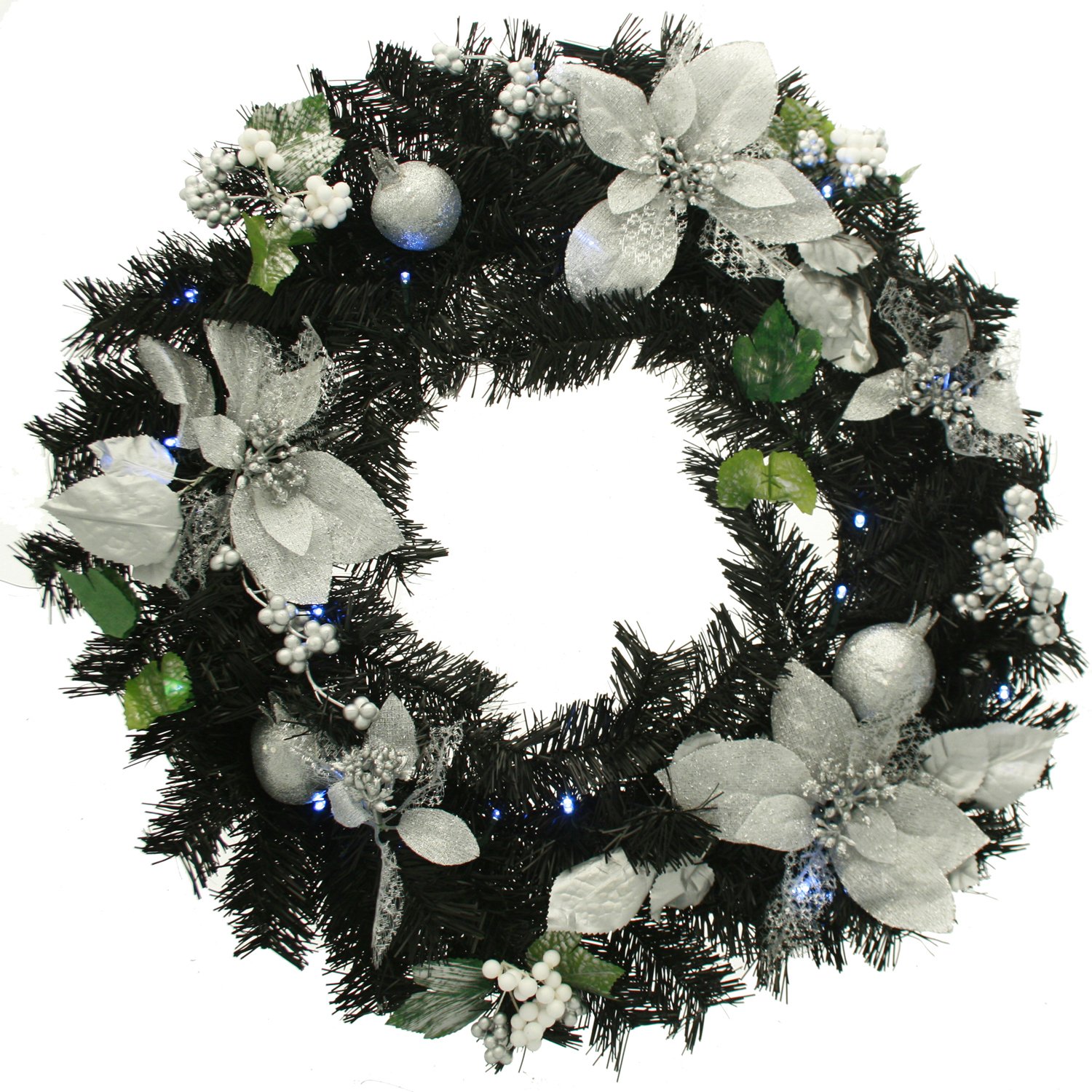 WeRChristmas Pre-Lit Decorated Wreath Illuminated with 20 Cool White LED Lights, 60 cm - Black/Silver
