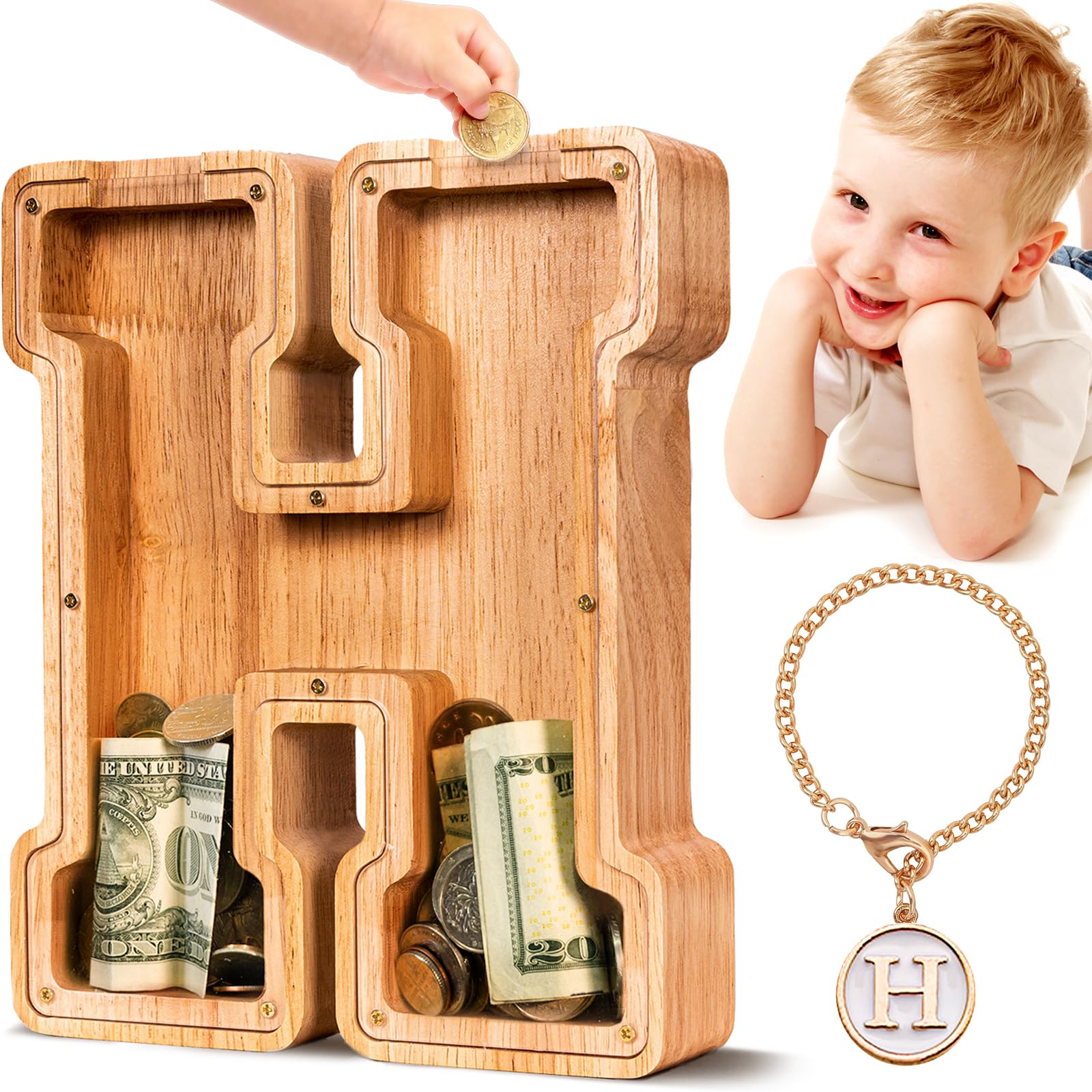 SummiDate Wooden Letter Money Box for Kids, Personalised Piggy Bank for Boys Girls Toddler, Alphabet H Coin Money Bank for Birthday Children's Day Gift