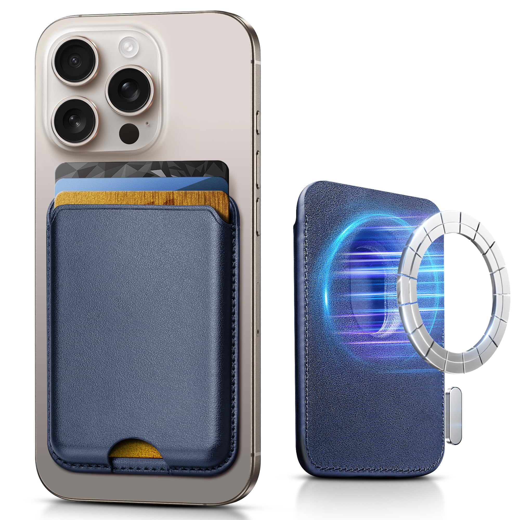 SOUNDBYTE Stronger Magnetic Wallet for iPhone 17/16/15/14/13/12 Series & for MagSafe Cases | N52 Magnet RFID Blocking Leather Magnetic Card Holder with Powerful Magnets | Holds 3 Cards | Navy Blue