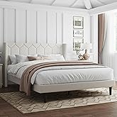 IOILORI Queen Size Bed Frame with Headboard, Velvet Upholstered Platform Bed Frame No Box Spring Needed, Queen Sized Modern Bedframe with Strong Wooden Slats, Beige