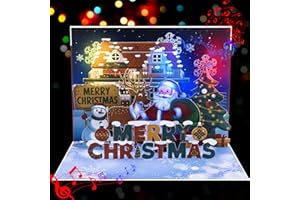 GREETING ART 3d Musical Pop Up Christmas Card, Music and Lights Santa Snowman Merry Christmas Cards for Kids Family Friend Ho