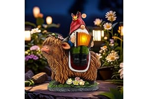 CFFOWNUG Christmas Garden Gnomes Outdoor Statues: 8'' Solar Light Gnome Decor on Highland Cow Play The Accordion Unique Birthday Gifts for Women Mother Grandma