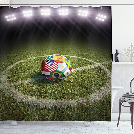 Amazon Com Ambesonne Sports Shower Curtain Soccer Ball On Soccer Field Printed Flags Of The Participating Countries Cloth Fabric Bathroom Decor Set With Hooks 70 Long White Red Home Kitchen