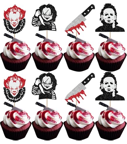 24 Stück Glitzer-Cupcake-Topper Mit Horror-Messer-Motiv – Für Halloween, Geburtstag Oder Gruselpartys