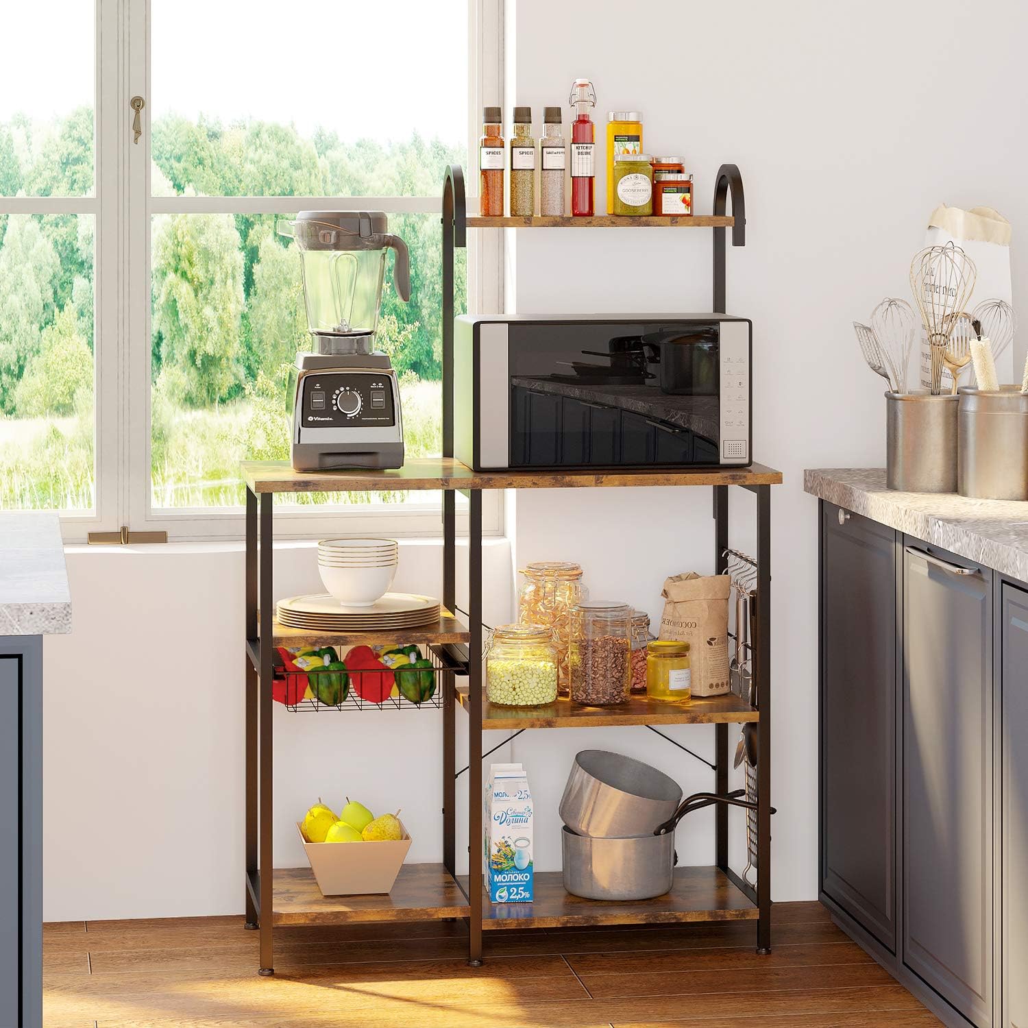 ODK Kitchen Bakers Rack, Utility Storage Shelf Microwave Oven Stand, 3-Tier+4-Tier Coffee Bar Table with 10 S-Shape Hooks, for Spice Rack Organizer Workstation, Metal Frame, Vintage Brown - Standing Baker's Racks