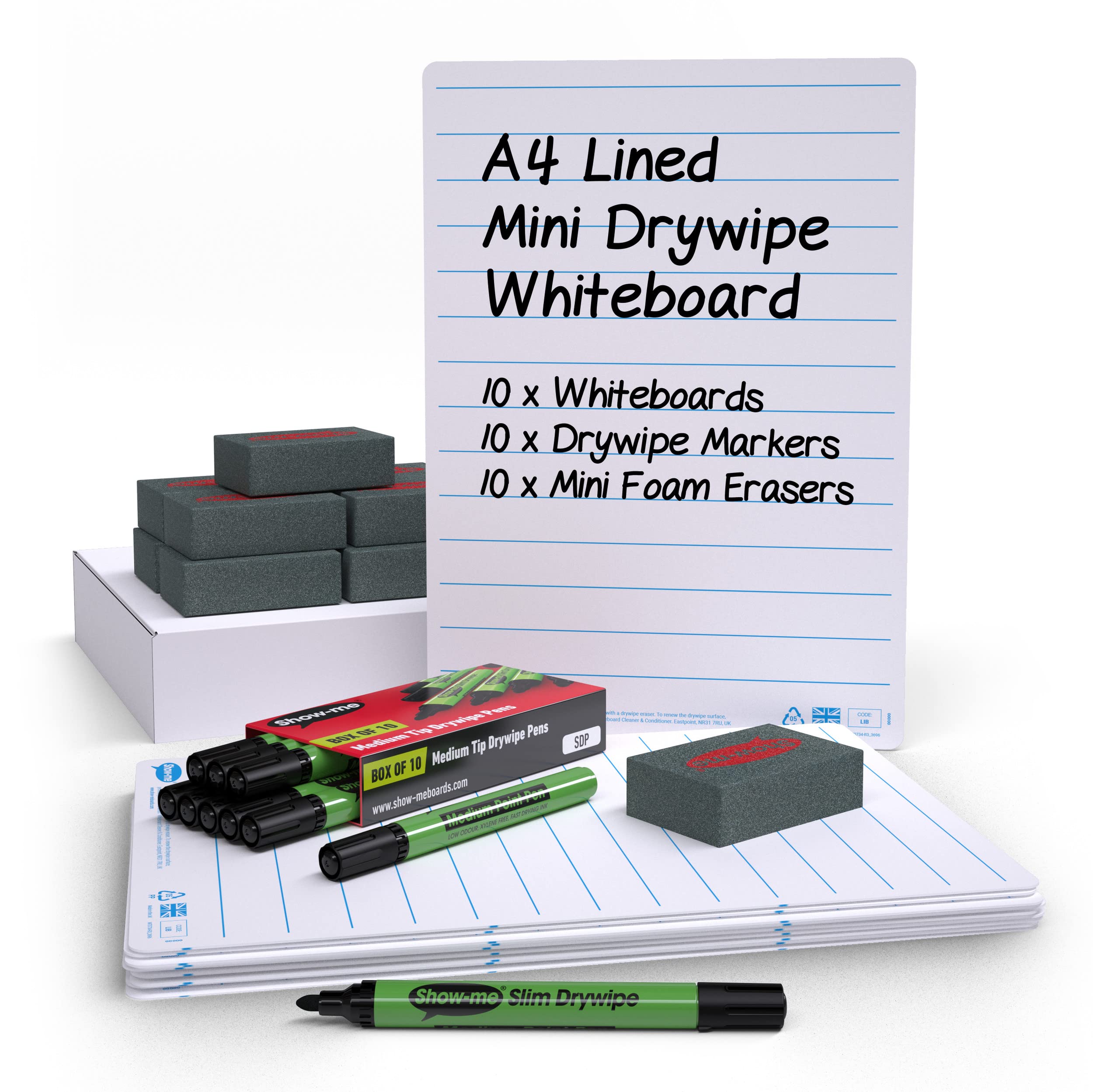 Show-me LIB10A Lined Double-Sided Boards – A4 Size for Drywipe and White Board Pens – Ideal for Classrooms, Schools and Education (10 Sets)