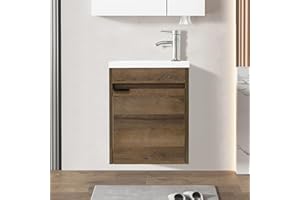 NUTTUTO 16" Small Bathroom Vanity Wall Mounted, Brown Small Bathroom Vanity with Ceramic Sink, Vanity and Sink Combination with Chrome Mixer Tap, P-Shaped Waste, 2 Pcs Supply Hose