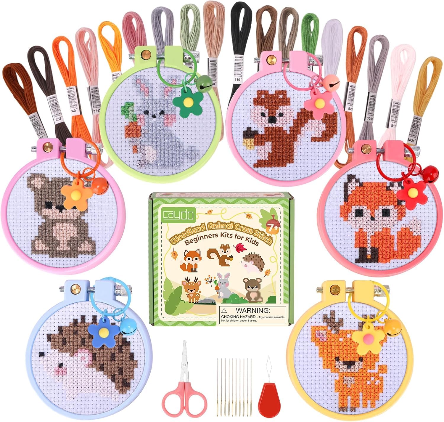 Caydo 6 Pieces Cross Stitch Kit for Kids Embroidery Kits with Woodland Animal Patterns Needlepoint Kit Kids with Instructions for DIY Key Chain, Backpack Charms, Ornaments and Needle Craft