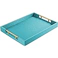 17" x 12" Wood Serving Tray with Gold Polished Metal Handles, Home Decorative Wooden Rectangle Ottoman Leather Decor Platter Bathroom Vanity Tray for All Occasions Blue