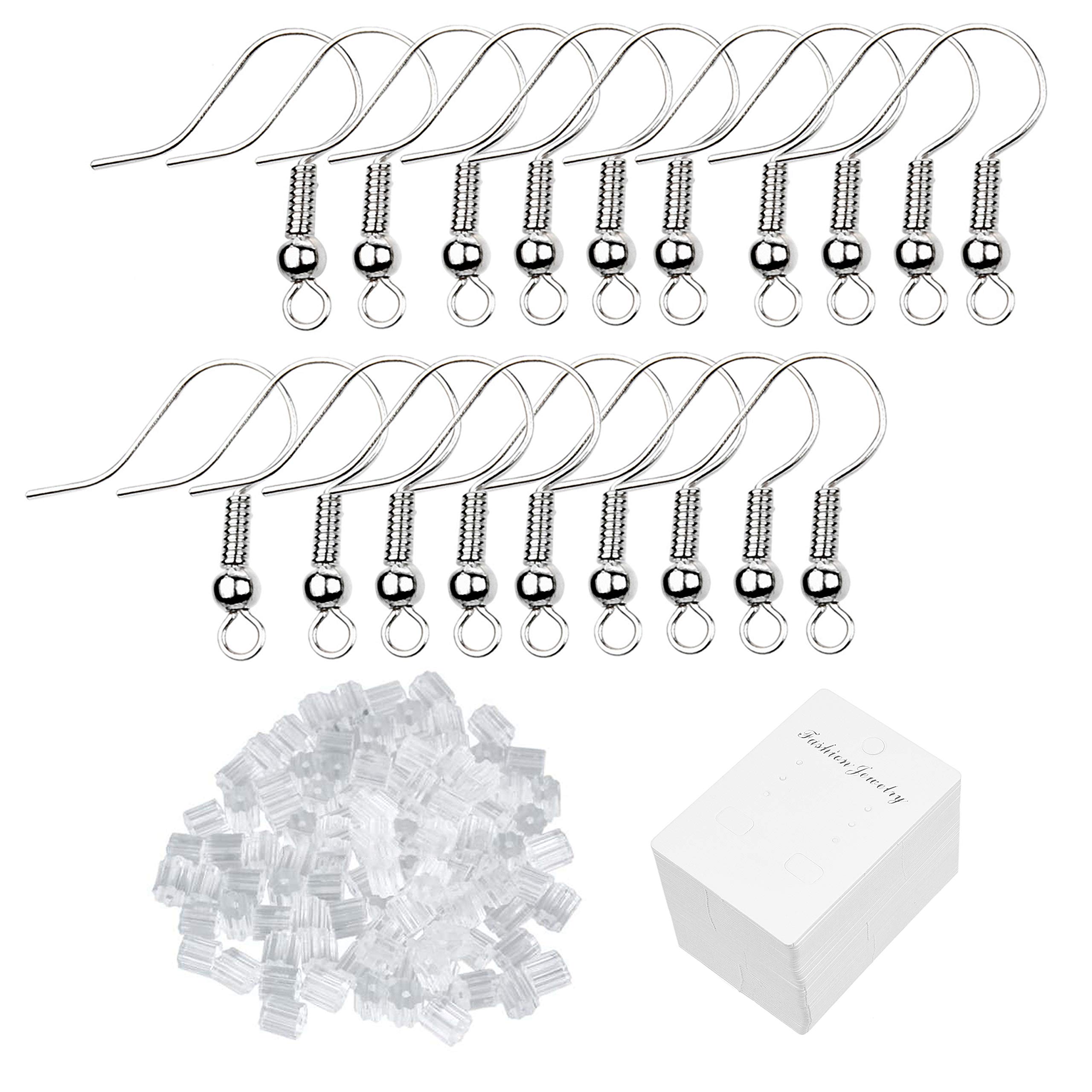 Eco-Fused 200 pcs Silver Earring Hooks, 500 pcs Transparent Earring Backs and 50 pcs Earring Card Holders - Great for Jewelry Making, DIY Earrings