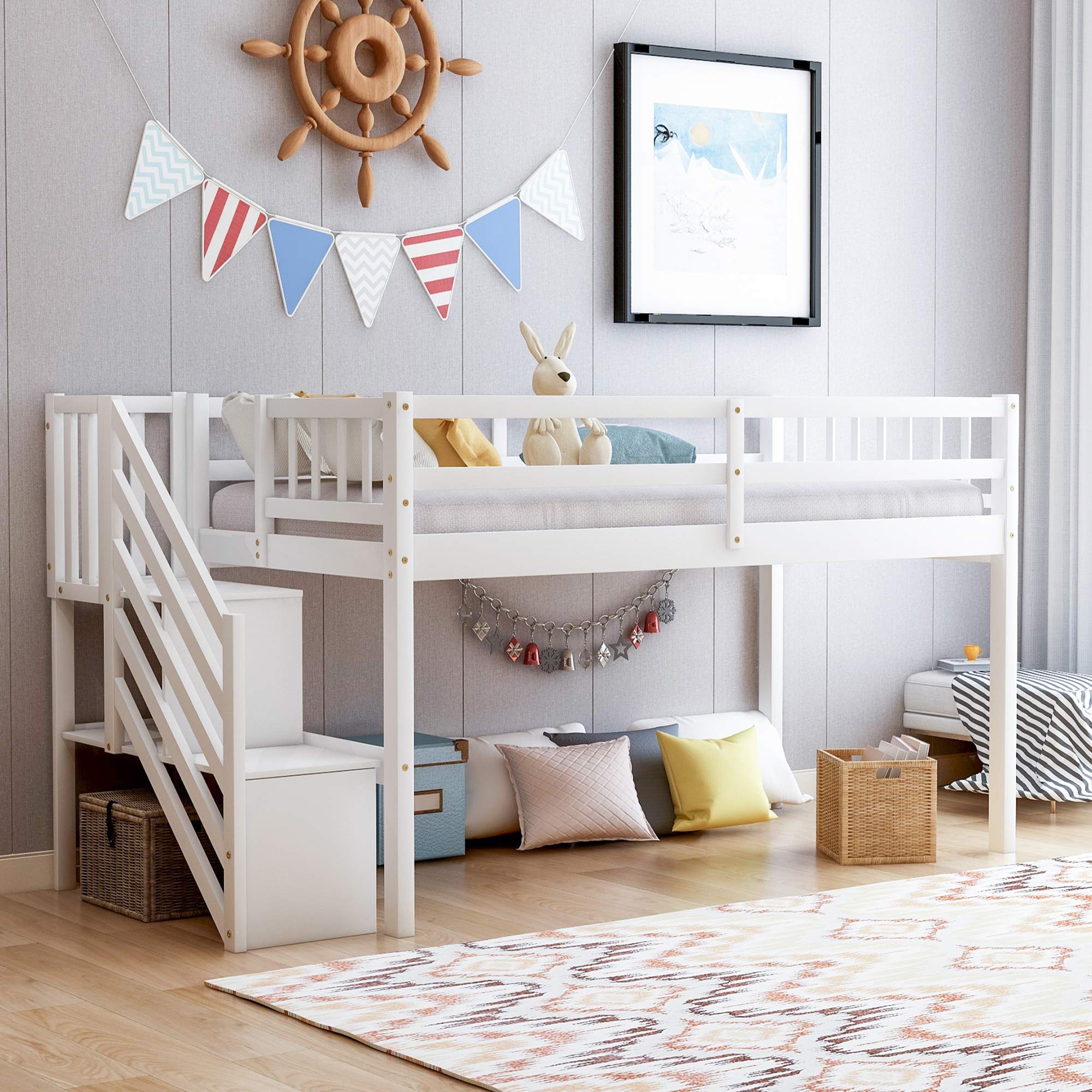 SOFTSEA Low Loft Bed with Stairs and Storage,Solid Wood Loft Bed Frame for Kids Space Saving(White loft with Stairs)