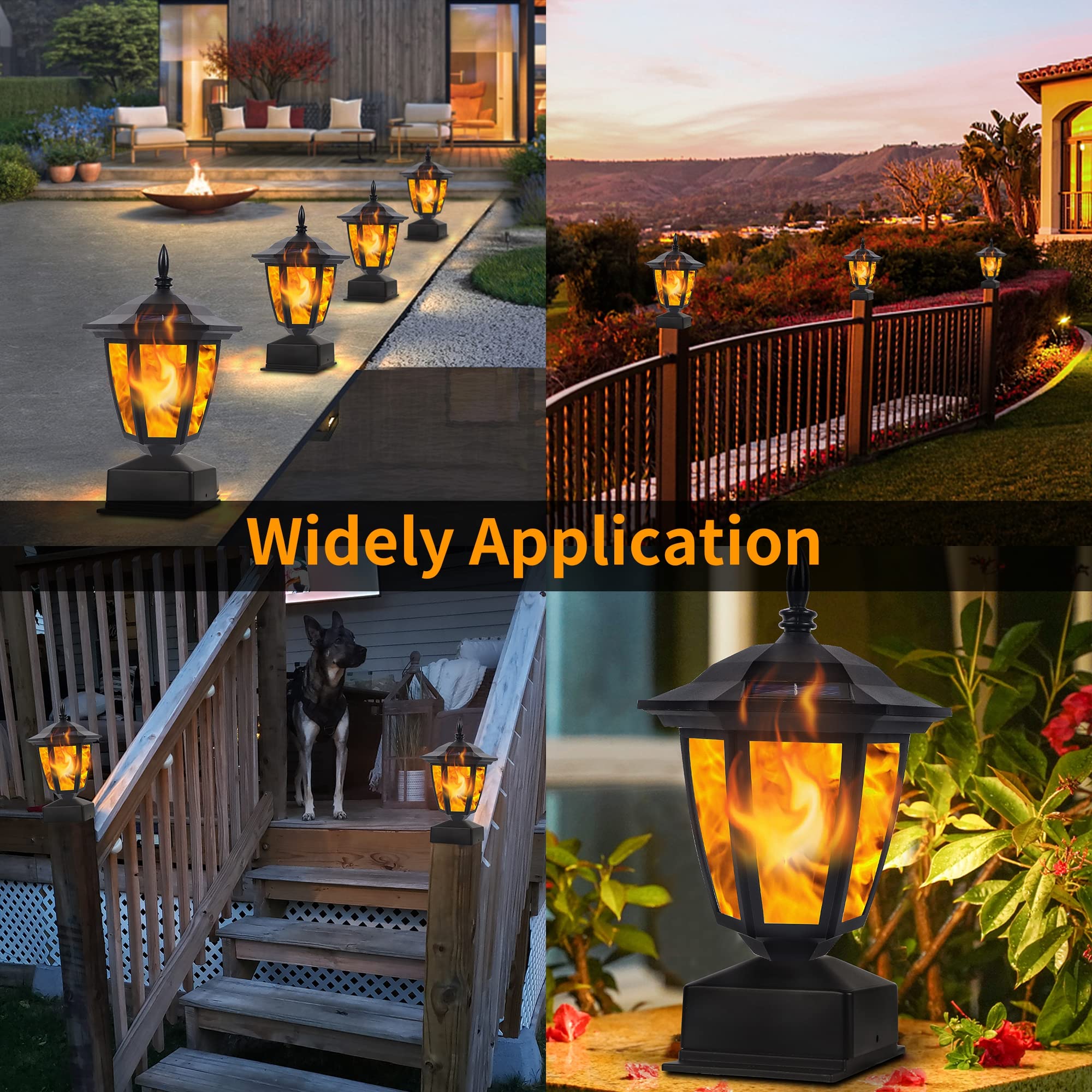 Dynaming Solar Flame Post Lights Outdoor, Solar Powered Lamps Fence Post Cap Lights, Flickering Flame LED Lantern Decorative Waterproof for Garden Deck Patio, Fit 4x4, 5x5 or 6x6 Wooden Posts, 2 Pack